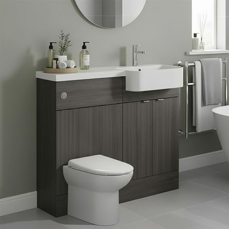 Hudson Reed Fusion RH Combination Unit with Round Semi Recessed Polymarble Basin 1000mm Wide - Anthracite Woodgrain (1/5)