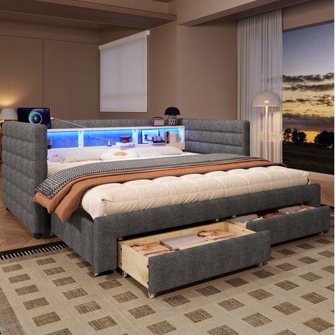 lit avec tiroirs 90x190 cm en velours gris HAVRYA (1/5)