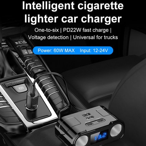 PD + QC3.0 + Dual-USB-Schnelllade-Autoladegerät, 2-fach 12–24-V-Stromverteiler mit LED-Spannungsanzeige für LKW und SUV (1/5)