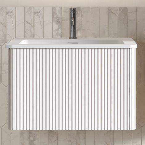 60cm breit Waschbecken mit Unterschrank für kleine Bäder, Mineralguss Waschbecken, Rillen-Design, 60cm Wandhängender Badezimmerschrank, weiß,vormontiert (1/5)