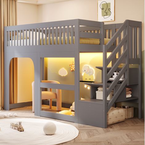 Letto a soppalco bambino 90 x 200 cm grigio con scale, LED e sponde OKMYHOME