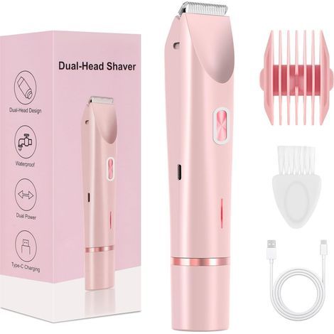 Rasoir bikini, rasoir double tête pour femmes, tondeuse bikini électrique étanche 2 en 1 utilisable sur peau sèche ou humide (rose) (1/5)