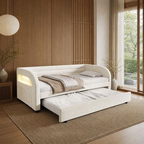 90x200 Bett mit Ausziehbett, LED-Beleuchtung, Beige OKMYHOME (1/5)