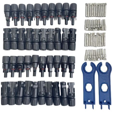Fiches mâles et femelles MC4 (20 jeux) + jeu de clés pour panneaux solaires et connecteurs photovoltaïques (1/4)