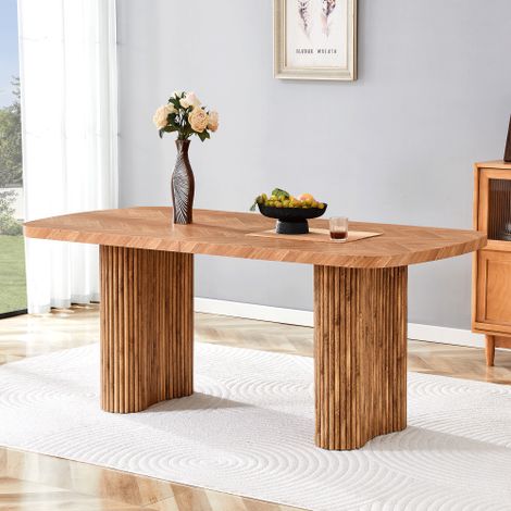 Tavolo da pranzo color noce, effetto legno, con base a piedistallo arcuata – 180×90 cm, multifunzionale per sala da pranzo e zona reception, design moderno ed elegante.
