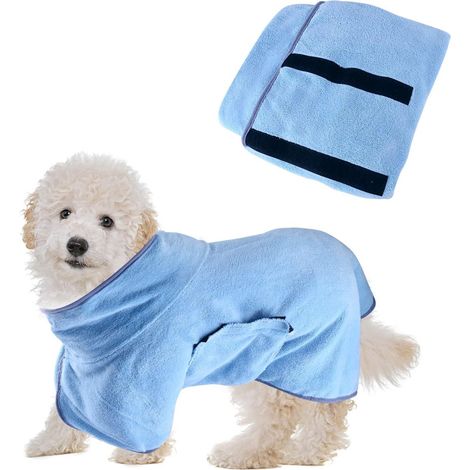Manteau de séchage pour chien (M/50CM, bleu), peignoir de bain adapté aux petits et moyens chiens, serviette absorbante réglable pour toilettage canin (1/5)