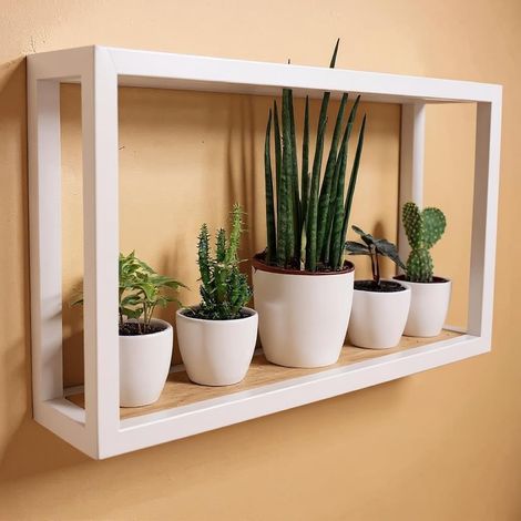 Étagère Murale en métal Noir ou Blanc avec Bois de Bambou Soto Facile à accrocher Étagère Murale décorative Noire Petite étagère Murale Blanc 42cm x 24cm x 12cm (1/5)
