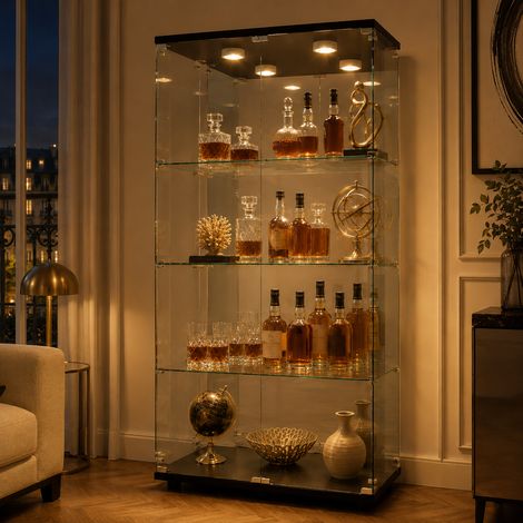 Vitrine en Verre avec LED et Serrure de Sécurité, Vitrine Armoire 4 Étagères 2 Portes, Meuble Vitrine Verre Trempé, Noir