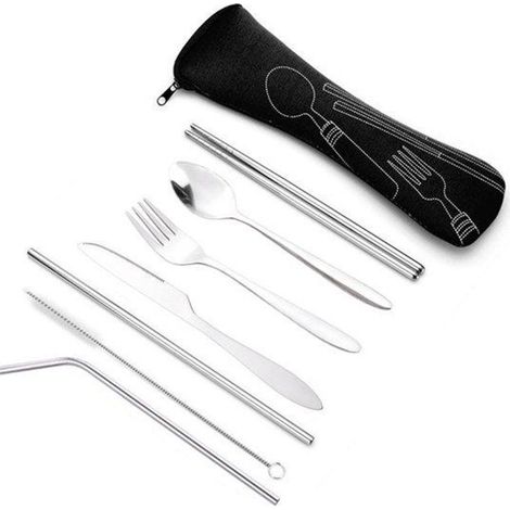 Ensemble de couverts de voyage avec étui de transport : couteau, fourchette, cuillère en acier inoxydable et baguettes pour déplacements, pique-niques et repas à l'extérieur