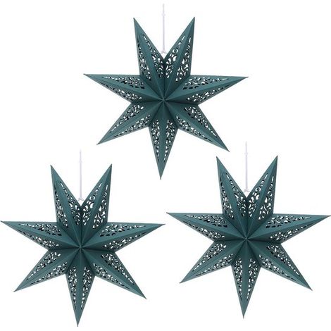 Ensemble de 3 étoiles en papier vert pliables, abat-jour suspendu perforé en forme d'étoile, décoration à suspendre pour Noël, le Nouvel An, les fêtes et la décoration de fenêtres et de plafonds (1/2)
