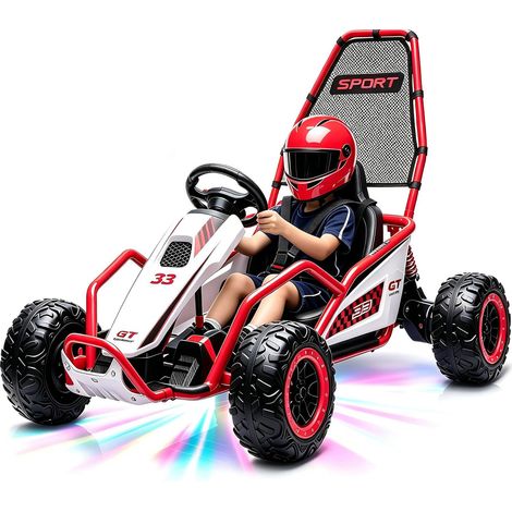 Karting Electrique Enfant 6-12 Ans, Roues Durables, Frein, Lumières LED et Musique, Rouge