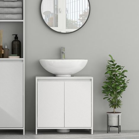 Meuble vasque de salle de bain avec deux portes décorées et découpe pour tuyau en forme de U. 60 x 30 x 60 cm. Blanc.