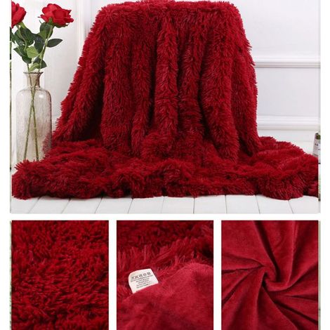 Couverture de Luxe en Fausse Fourrure à Poils Longs, 160x200cm,Douce, Confortable et Chaude pour lit, canapé et Chaise,Rouge (1/5)