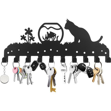 Porte Clef Mural, Porte Clé Mural Noir, Accroche Clef Murale Métallique avec 10 Crochets pour organiseur de clés pour entrée, salon, chambre, rangement de clés (1/5)