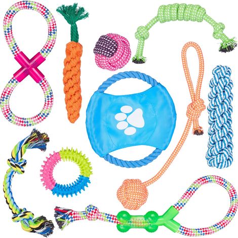 Relaxdays Dog Toy Set Of 10, Tug Toys, Bite & Chew Toys, Dog Disc, Puppy, Small & Medium Dogs, Multipack, Colourful