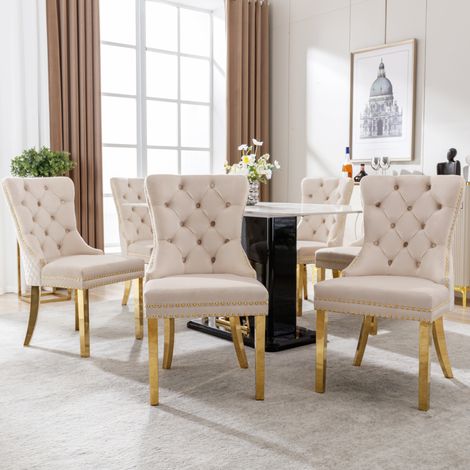 Stuhl Esszimmerstuhl Polsterstuhl Samt Beige mit Zugring OKMYHOME (1/5)