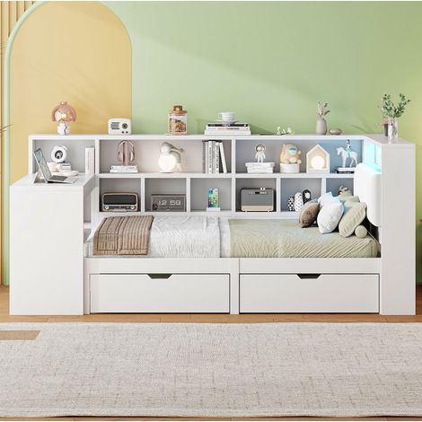 DESVIAE Lit plateforme d angle en bois 90 x 200 cm avec bureau intégré bibliothèque ouverte tête de lit rembourrée led blanc (1/5)