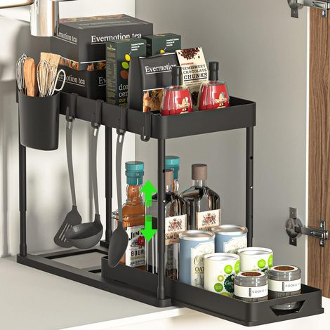 Organisateur sous evier cuisine Rangement sous evier 2 étages, avec 4 Crochets, 8 Coussinets antidérapants et 1 gobelet Suspendu, Organisateur tiroir Cuisine (Noir) (1/5)