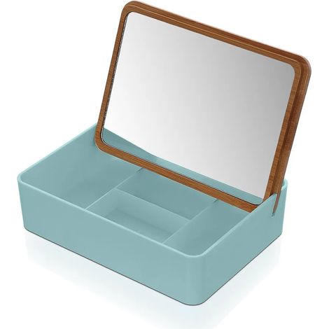 Organizer trucchi in plastica turchese completo di specchio con dettagli in bambù (1/4)