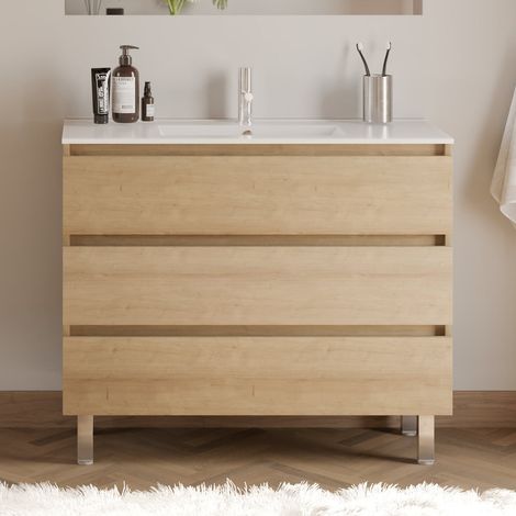 Meuble de salle de bain 90cm simple vasque - sans miroir - 3 tiroirs - nebraska (chêne clair) - MAYOR