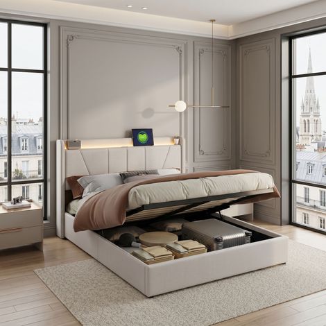 Comanlai - Lit 160x200cm avec 2 USB et 1 Tpye - C, Lit Rembourré avec avec Sommier à Lattes en Bois, Lit Coffre 160x200 avec Rangement et Tete de Lit, Lin (Beige, 160x200 cm) (1/5)