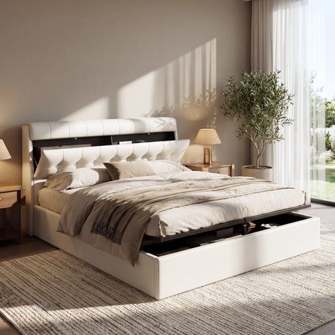 Fashion Upholstered Bed,150200(5ft), King Bed,Hydraulic Bed,Concealed Headboard Storage,Bed Box Storage,PU,With Slats and Headboard,Without Mattress,Cream White