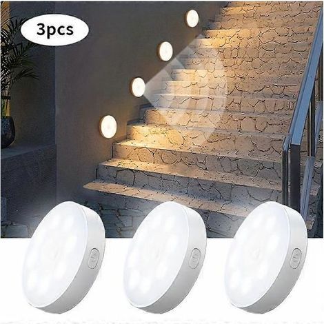 Lot de 3 lampes murales à détecteur de mouvement pour escaliers, rechargeables par USB, à intensité variable, 8 LED, pour éclairage intérieur de placard, couloir, balcon et escaliers