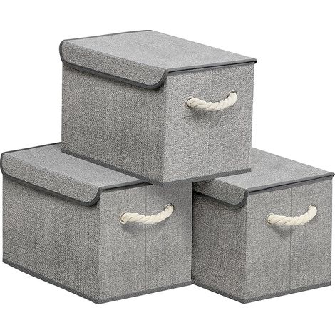 Boîte de Rangement avec Couvercle, Pliable, Panier en Tissu, Bac de Rangement, avec Poignées, pour Chambre, Salon, Dressing, 38 x 25 x 25 cm, Gris Tourterelle RFB013G02 (1/2)
