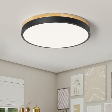 Plafonnier LED, plafonnier noir moderne, plafonnier bois 30 cm, plafonnier rond pour salon, chambre, cuisine, couloir, salle à manger Lumière blanche [Classe d'économie d'énergie F]