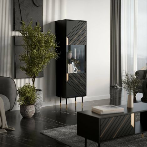 Vitrina Ippoliti, vitrina de salón con puertas de cristal y detalle, elevada del suelo, 54 x 40 x 180 cm, color negro y dorado (1/4)