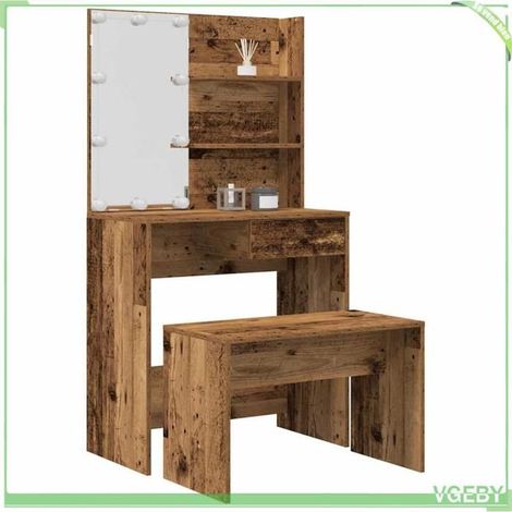 Ensemble de coiffeuse - 3329183 - Vieux bois - LEDs réglables (3 couleurs) - Grand rangement avec tabouret (1/5)