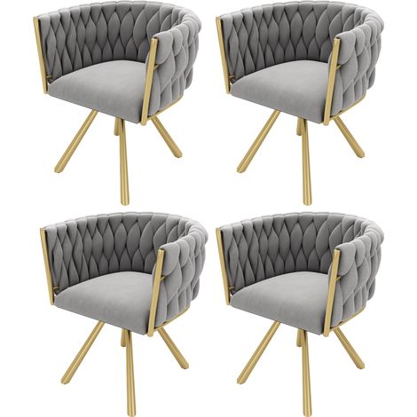 Chaise de salle à manger en velours, lot de 4, chaise pivotante individuelle de luxe léger pour salon et chambre, chaise pivotante de loisirs avec quatre pieds de support en métal, gris et doré (1/5)