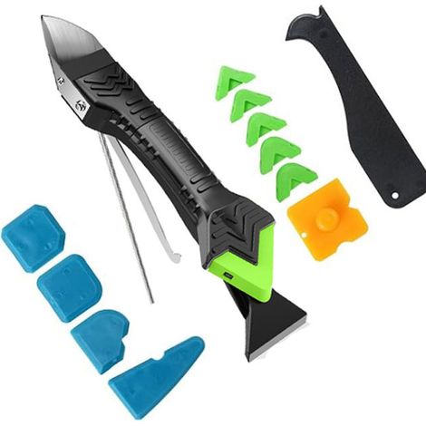 Kit 5-en-1 outil enlever joint silicone & lisseur joint silicone 6 embouts silicone interchangeables, 4 spatules à 15 angles, matériau anti-rayures, cuisine, salle de bain,sol,évier,fenêtres (1/5)