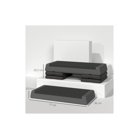 Step fitness regolabile 77 x 36 cm, 3 altezze 10,5/15,5/20,5 cm, antiscivolo, grigio DESVIAE