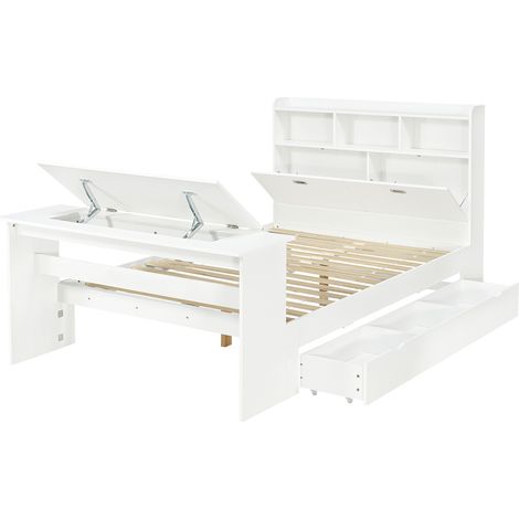 Cama infantil individual 140x200 cm blanca con almacenaje y mesa plegable (1/5)