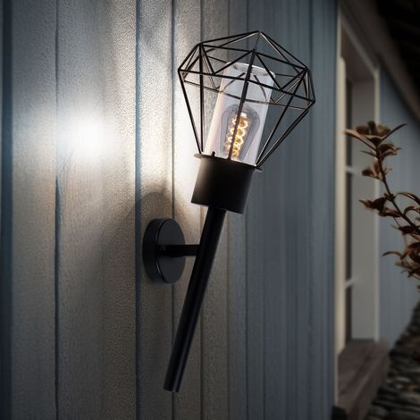 Applique murale d'extérieur IP44, lampe torche de jardin, applique murale vintage noire, aspect grille diamant, métal en acier inoxydable, douille E27, HxLxP 28,5x22,5x28,5 cm (1/5)