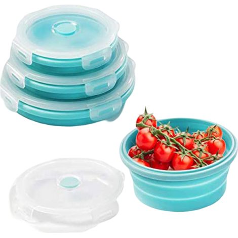 Boîte De Conservation Pliable - Silicone Alimentaire - Micro-ondes Congélateur Lave-vaisselle - Rond - Bleu - Lot De 3 (1/5)