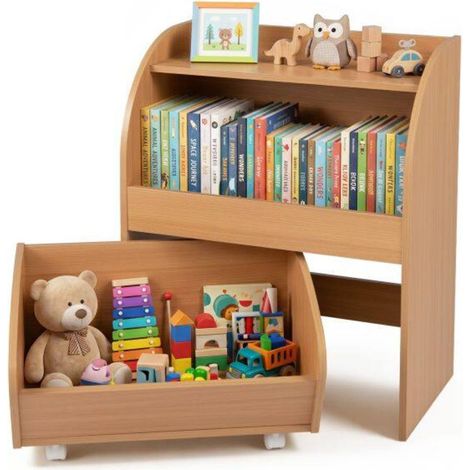 Pour chambre d'enfant ou crèche, étagère jouets et livres avec tiroir à roulettes, blanc et bois naturel (1/5)