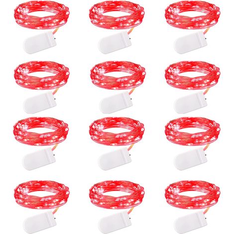 Guirlande lumineuse féérique à piles, 12 LED, 2 mètres de long, 20 LED, fil argenté étanche, motif lucioles, étoiles et lune, rouge (1/5)