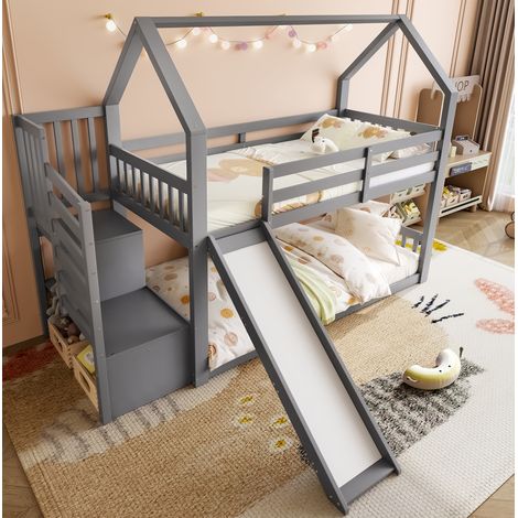 Lit superposé 180 x 200 cm cabane en pin gris avec escalier rangement et toboggan (1/5)