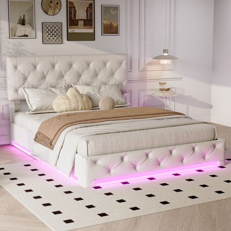 Polsterbett 140x200 cm mit Bettkasten, gepolstertes Bett mit hydraulischem Lattenrost, RGB-LED-Beleuchtung und höhenverstellbarem Kopfteil, Leinen, Beige