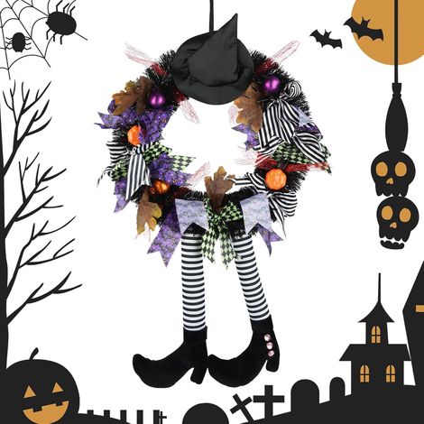 Couronne d'Halloween pour porte d'entrée, couronne de sorcière de 68 cm, décorations d'Halloween, couronne de porte avec chapeau et jambes de sorcière et citrouille (1/5)