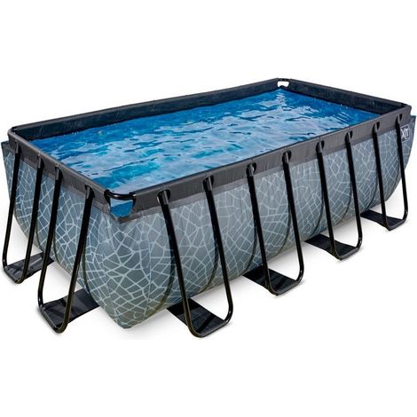 Piscine tubulaire rectangulaire 400x200x122cm – Triple paroi PVC et polyester – Couleur grise avec motif pierre – Pompe filtrante incluse