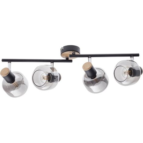 Plafonnier 4 Spots Orientables en Métal Noir et Verre Fumé avec Détails Bois E14 80 x 20 cm - PANGIVO (1/5)
