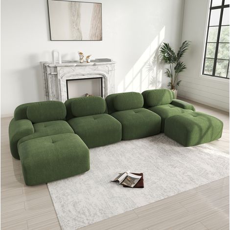 Divano angolare modulare 388x178x70 cm, senza montaggio, braccioli curvi, tessuto corduroy, verde (1/5)