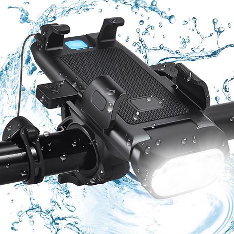 Support de téléphone rechargeable USB pour vélo, phare LED à 3 modes, facile à installer, résistant à la pluie, compatible avec tous les vélos - Noir (1/5)