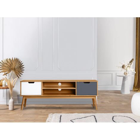 BOBOCHIC XS - Meuble TV 140 cm ALMA Bois clair, Blanc et Gris (1/5)