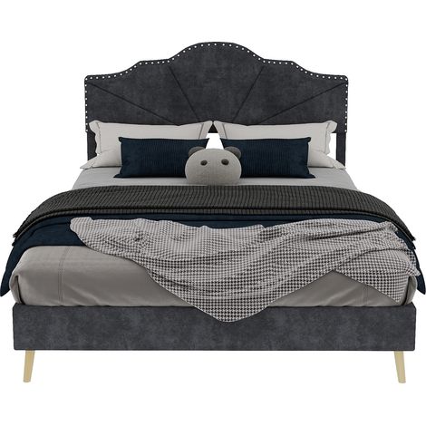 Lit moderne minimaliste moelleux, tête de lit confortable et douce, 140200CM, gris, meuble de chambre multifonctionnel, cadre de lit bas sans vérin à gaz, matelas non inclus. (1/5)