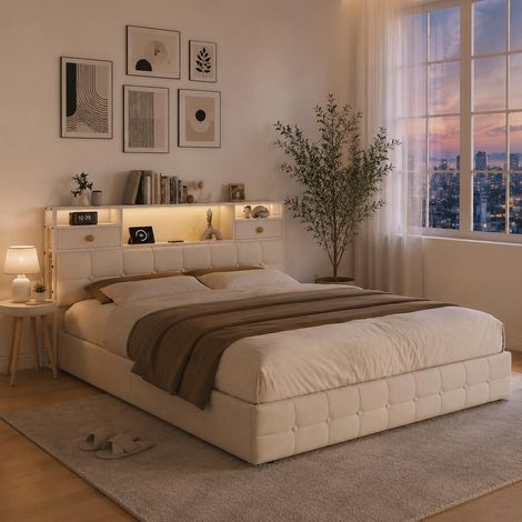 Lit coffre adulte hydraulique 140x200 cm en velours beige avec tiroirs intégrés dans la tête de lit et éclairage LED
