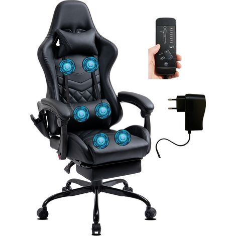 Chaise Gaming similicuir repose-pieds massage 6 points noir